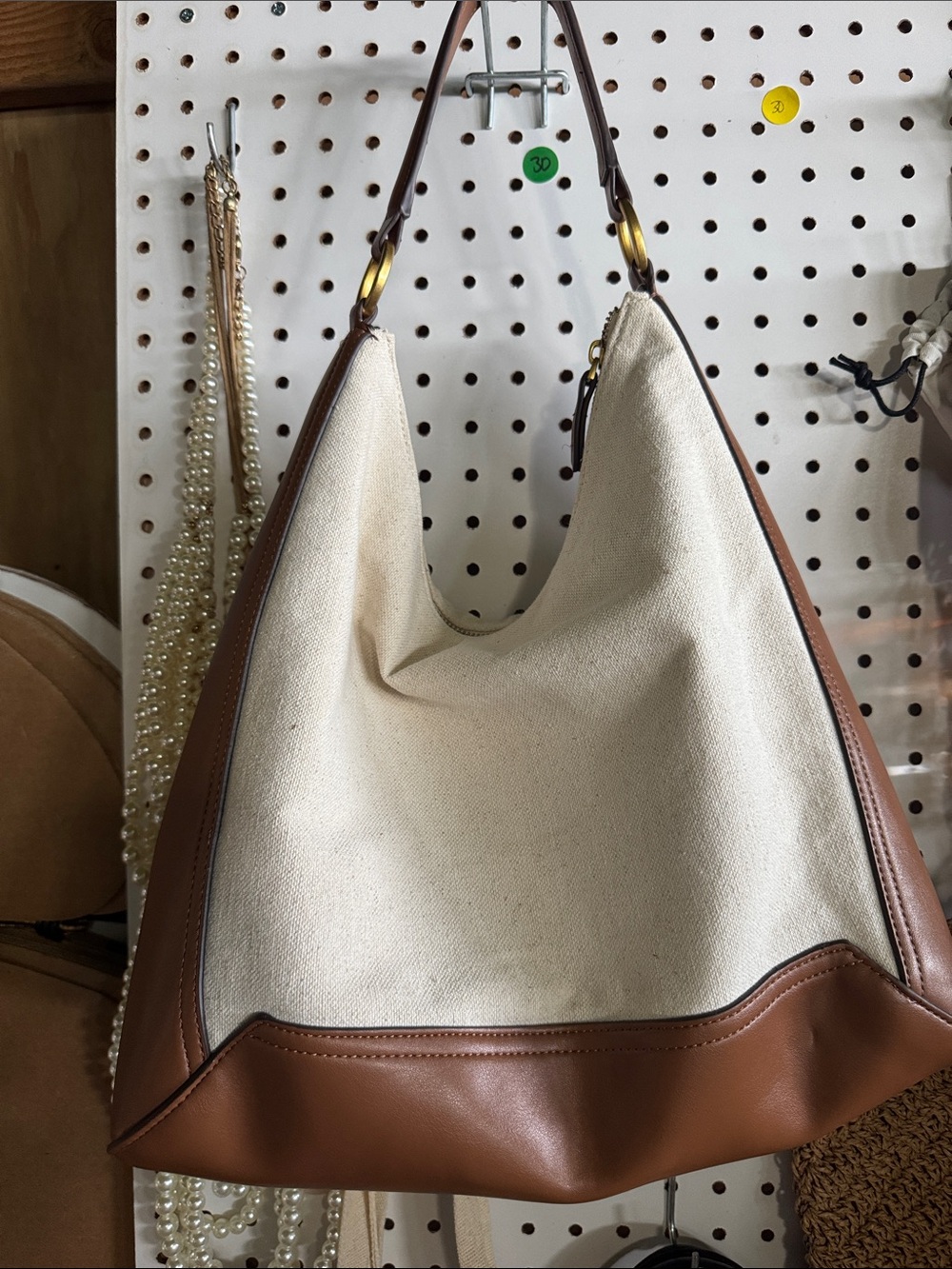 H&M Cream Canvas and Brown Leather Shoulder Hobo